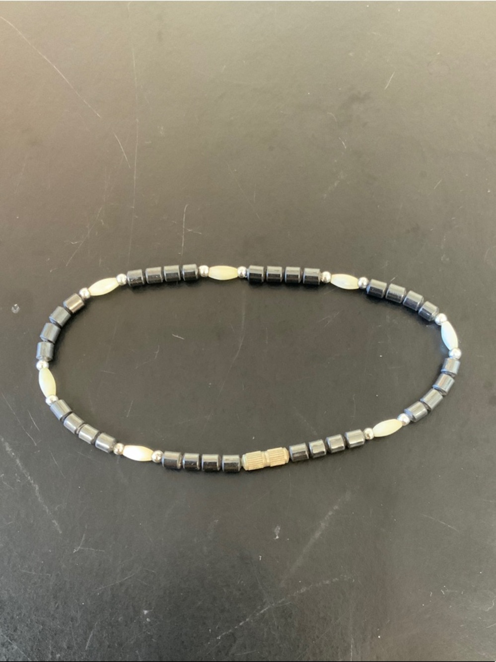 Beaded Hematite and Silver-Tone Stretch Ankle Bracelet